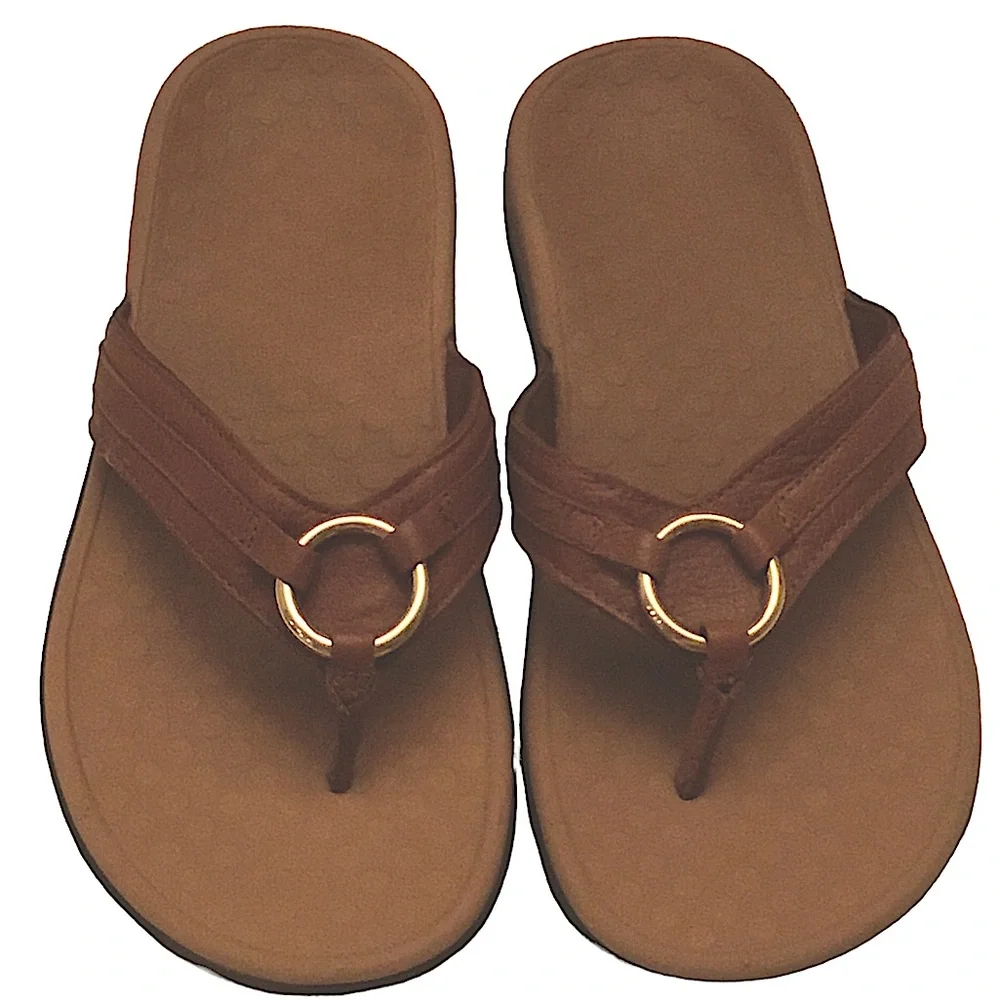 Vionic Tide Aloe Sandals Women’s 10 Brown Leather Strap Thong Toe-Post Flip Flop
